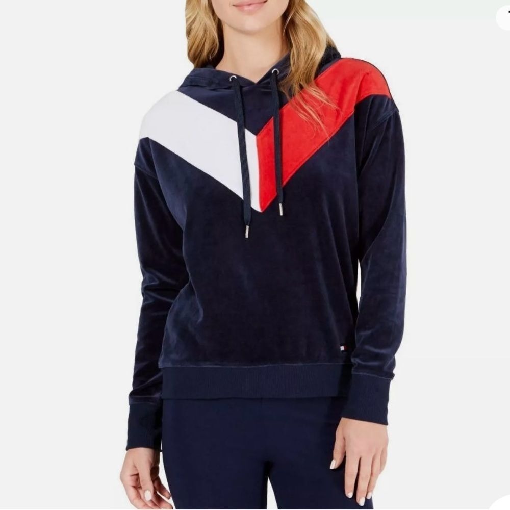 Tommy Hilfiger Sport Navy‎ Velour Hoodie Red White Chevron Women's Small